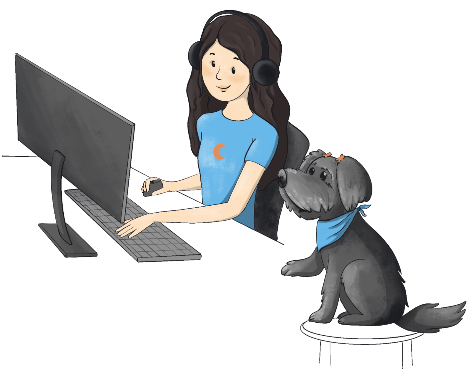 Illustration of Luana at her desk with her dog